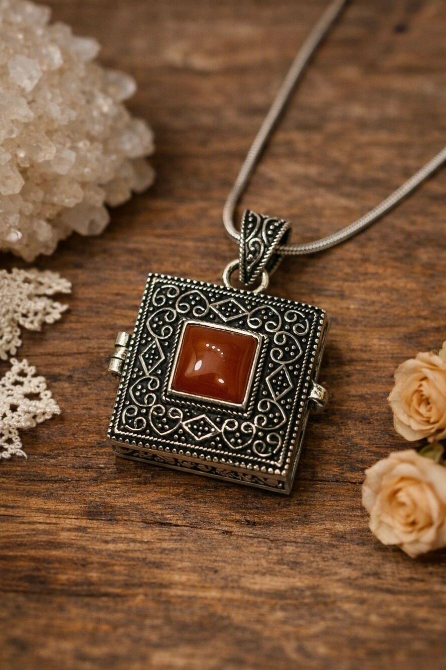 Carnelian Poison Locket Necklace Ornate Silver Filigree Pendant Compartment Boho
